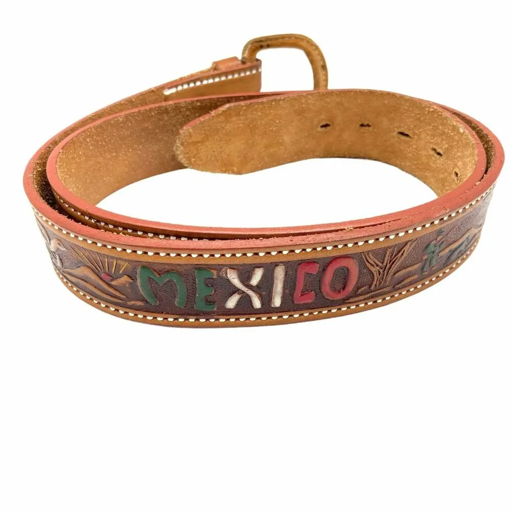 Vtg Brown Embossed Leather Eagle Mexico Belt 41.5